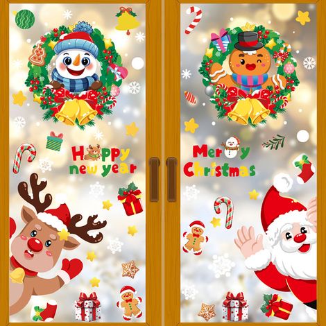Autocollants Père Noël, décorations de Noël à exporter, autocollants pour portes vitrées, autocollants statiques rennes et bonhommes de neige, autocollants flocons de neige blancs pour fenêtres