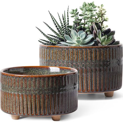 Pot pour Plantes Grasses, 16,5+20 cm Pots de Fleurs Intérieur avec Trou de Drainage, Design Moderne Jardinière pour la Maison et Le Bureau, Idée Cadeau Maman, Lot de 2, Émail Noir Réactif (1/5)