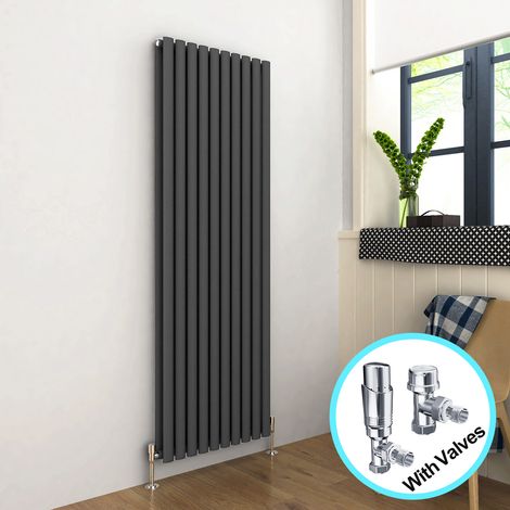 ELEGANT Vertical Radiator 1800 x 590mm Double Panel Designer Anthracite Oval Column Heating Rad with Chrome Thermostatic Radiator Valves (1/5)