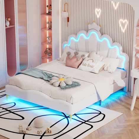Letto singolo 140x200 cm con striscia LED stile moderno - Letto bambino principessa corona con rete a doghe, struttura in similpelle bianca e illuminazione