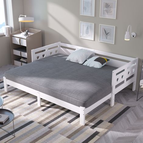 Bett Tagesbett ausziehbar 90-182x200 cm, Holz weiß, Herz-Design, mit zweiter Schlafgelegenheit (1/5)