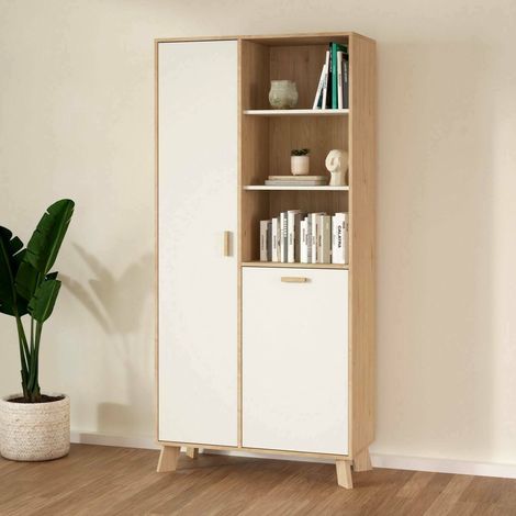 Dmora - Vitrina Esme, Aparador de exposición, Vitrina multiusos, Aparador de salón, 89x40 h188 cm, Roble y Blanco (1/5)