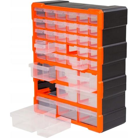 Organizador de taller de plástico con 39 cajones, para montaje en pared, 48,5 x 38,5 cm.