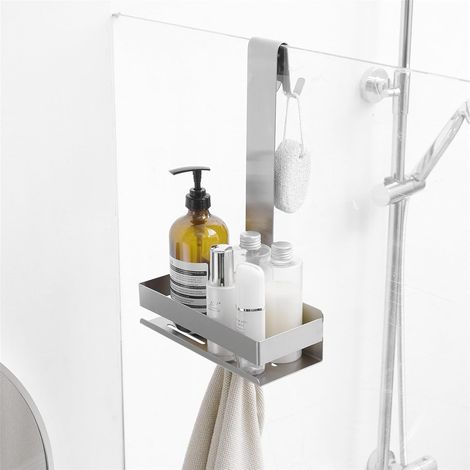 Étagère de douche à suspendre sans perçage - Étagère de douche - Panier de douche - Support avec crochet pour porte en verre - Argenté (nickel brossé) (1/5)