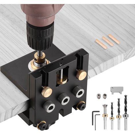 Plantilla de perforación de 6/8/10/15 mm, kit de guía de perforación ajustable 3 en 1 con clip de posicionamiento, guía de perforación ajustable, localizador de brocas para muebles (1/5)