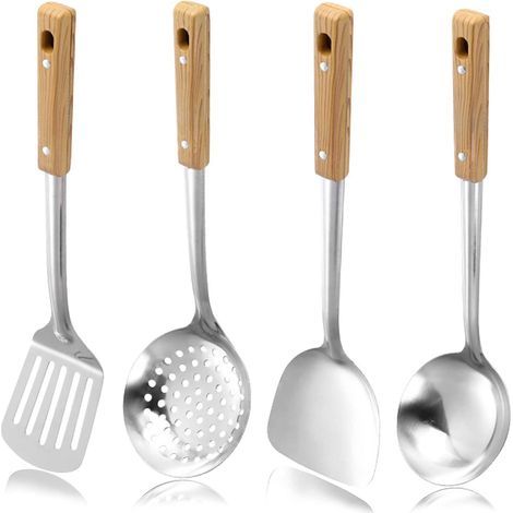Set aus 4 Wok-Utensilien aus Edelstahl: Wok-Wender, Schaumkelle, Schöpfkelle und Schaumlöffel — Küchenutensilien aus Metall