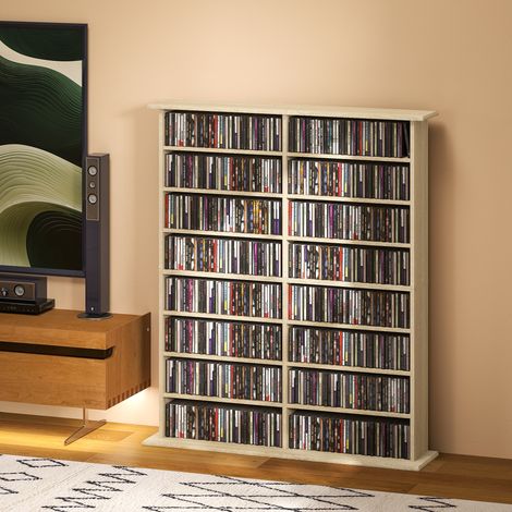 Rangements pour CD et DVD avec 16 compartiments et 12 étagères réglables capacité max. 720 CD/396 DVD et Blu-ray naturel