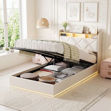 Cama Canapé 90x200 cm, Cama Individual Tapizada con Somier Elevable, Cabecero con Almacenaje, LED y Puertos USB/USB-C, Lino - Beige