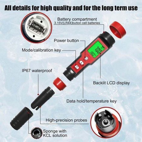 pH Chlore Mètre Piscine 7-en-1 , Testeur PH Chlore Salinité ORP TDS EC Température , Tester Qualité Eau de haute précision avec fonction ATC pour piscines , eau potable , aquarium , hydroponie (1/3)