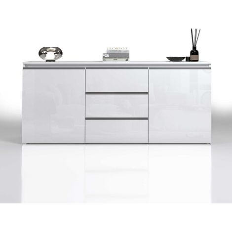 WHOUS - Credenza MAGIC per Soggiorno 180x40x80 cm - Cassettiera 2 Ante e 3 Cassetti - Madia Soggiorno Moderna in Legno Riciclato - Comò Camera da Letto Bianco Lucido (1/5)
