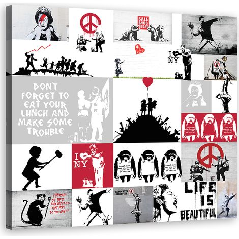 Quadro su tela, Collage di graffiti art di strada banksy - 30x30 (1/4)