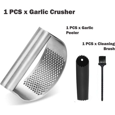 Presse-ail à bascule en acier inoxydable - Outil de hachoir à ail Broyeur à ail portable Coupe-gingembre Coupe-presse à ail - Tube d'éplucheur d'ail en silicone et brosse de nettoyage Gadgets de cuisi (1/3)