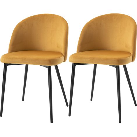 Set aus 2 skandinavischen Esszimmerstühlen mit Samtbezug und konischen Metallbeinen, für Küche oder Wohnzimmer, gelb