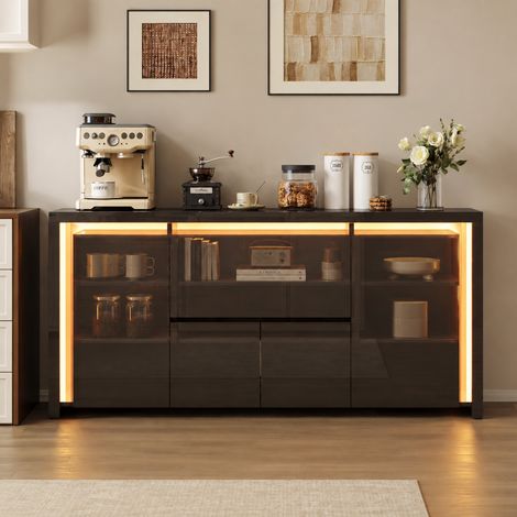 Buffet cuisine 160 cm, Meuble de rangement avec LED RGB pour Salon et Salle à Manger, avec 4 Portes et 2 Tiroirs, surface laquée brillante, Noir (1/5)