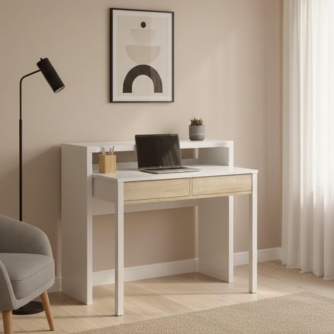 Bureau avec Plateau Extensible, 2 Tiroirs, 99x36h88 cm, Blanc et Chêne (1/5)