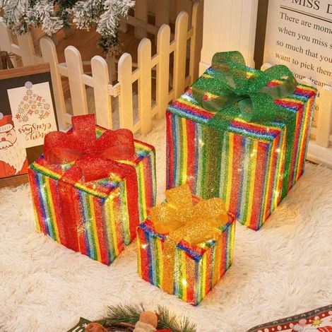 Set mit 3 beleuchteten Weihnachtsgeschenkboxen, Weihnachtsdekoration für drinnen und draußen, Geschenkboxen mit LED-Lichtern, Weihnachtsbaumschmuck F (1/4)