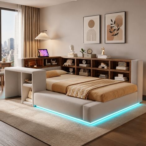 CHICFURN Cama tapizada 90 x 200 cm gris claro con almacenaje, LED y enchufe (1/5)