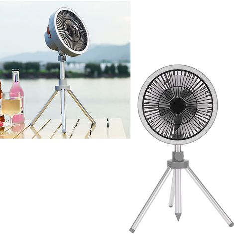 Ventilador de camping 3 en 1 con función de oscilación: ventilador con trípode, luz y cargador de 10000 mAh. Fabricado en ABS/aluminio gris. (1/5)