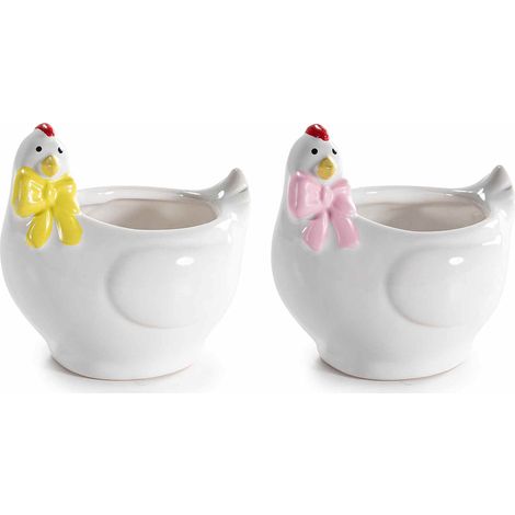 Vasetti a contenitore in ceramica a forma di gallina con fiocco colorato, set da 12 pezzi, cm 10,5 x 8,5 x 10 H