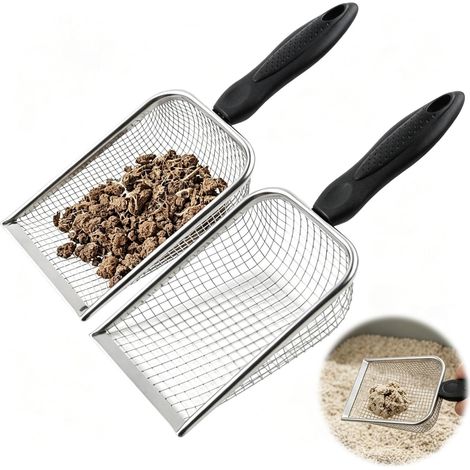 Lot de 2 Pelle Litiere Chat en Acier Inoxydable, Deux Maillages de 3,8 mm et 5 mm, Tamis Sable Jardinage Convient pour Litière de Poulailler, Litière pour Chat, Sable D'oiseau (1/5)