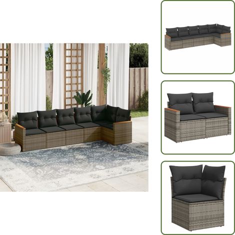 Salon de jardin 6 pcs avec coussins gris résine tressée - Ensemble Salon De Jardin - Mobilier De Jardin - Salon Extérieur - Résine Tressée - Fauteuil De Jardin (1/5)