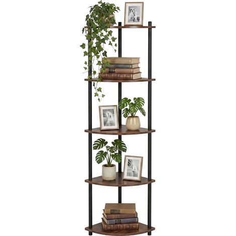 Relaxdays Corner Shelf, HxWxD: 143.5 x 38 x 25 cm, 5 Shelves, Living Room, MDF, Bamboo, Industrial, Brown/Black (1/5)