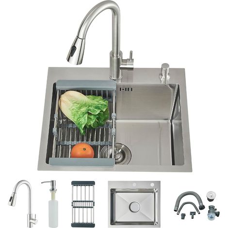Suguword – Évier de cuisine en acier inoxydable – Robinet extensible avec distributeur de savon – Finition brossée – Drainage rapide – Dimensions 50 x 45 cm