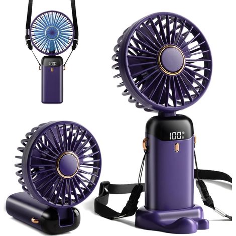 Mini ventilateur portable, rechargeable par USB-C, 800 mAh, affichage numérique, 5 vitesses, pliable à 90°, 3 en 1 (main/cou/table), ventilateur de maquillage pour femmes (violet) (1/5)