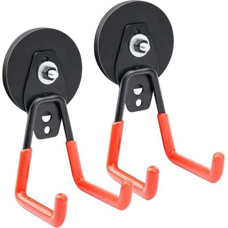 Ein Set aus zwei ultrastarken 66-mm-Magnethaken mit Haken, geeignet für Gärten, Garagen und Ateliers.