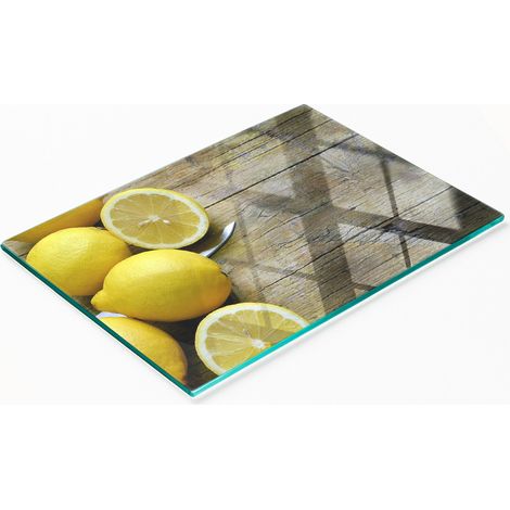 Planche à découper en verre trempé avec motif citron sur bois 80x52 cm (1/5)