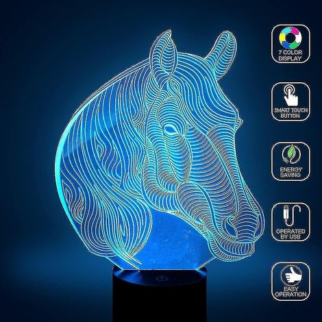 Veilleuse Cheval, Lampe de Bureau Illusion 3D pour Enfants, Tactile et Alimentée par USB, 7 Couleurs (1/3)