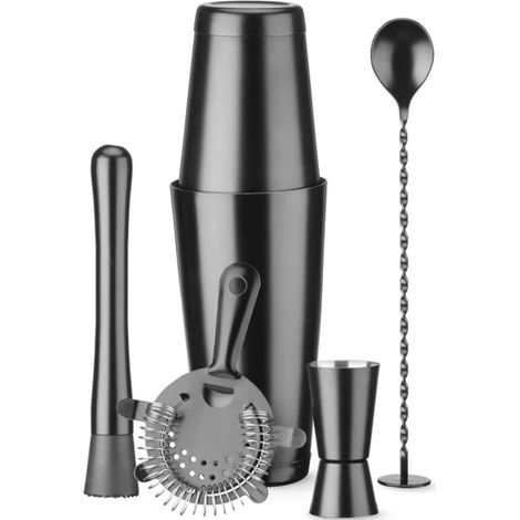 Set da barman in tubo, shaker, misurino, colino, pestello, cucchiaio - nero (1/5)