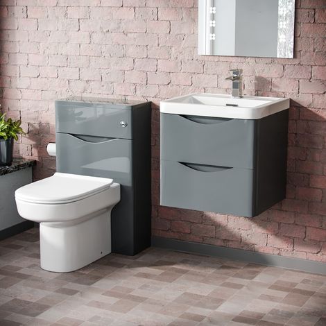 Lyndon 500mm Wall Hung Vanity Basin Unit, WC Unit & Chem Back to Wall Toilet Grey (1/5)