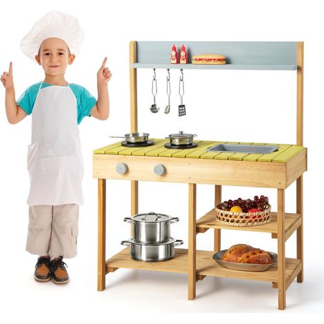Cuisine extérieure enfant en bois naturel avec 2 brûleurs, évier amovible, 3 crochets et étagères ouvertes pour jardin (1/5)