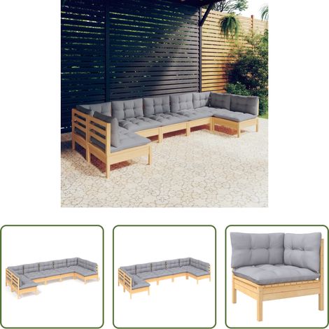 Terrassensofa - 7-tlg. Garten-Lounge-Set mit Grauen Kissen Kiefer Massivholz (1/5)
