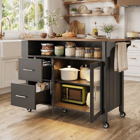Isla de cocina 139x40x94.5 cm, tablero abatible, vitrina de vidrio ondulado, 2 cajones, ruedas con freno, MDF negro (1/5)