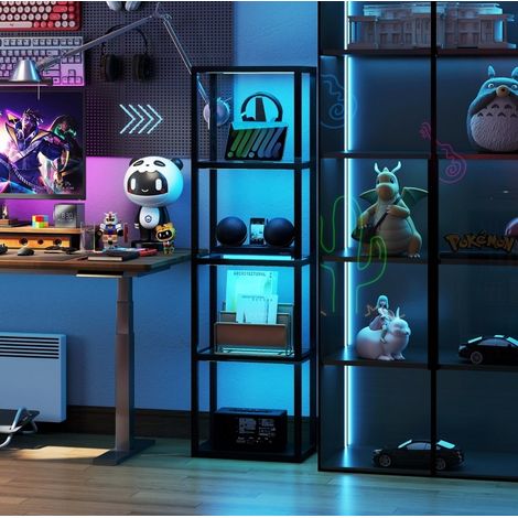 Lámpara de pie RGB con estantes de vidrio, sincronización musical, negra OKMYHOME (1/5)