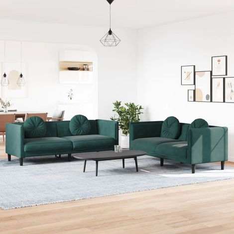vidaXL Ensemble de canapés 2 pcs avec coussins vert foncé velours (1/5)