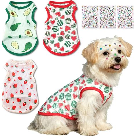 Lot de 3 t-shirts pour chiens et chats vêtements d'été respirants et doux gilets mignons imprimés fruits débardeurs légers pour animaux de compagnie (1/5)