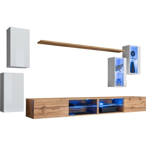 Conjunto de muebles de salón SWITCH XXV – LED – Blanco y Roble – Composición mural de diseño