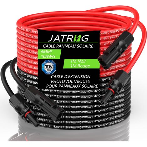 Jatrhg – Câble solaire 6mm² 1M – Rallonge photovoltaïque 1500V DC, 10AWG – Connecteurs mâle/femelle, IP68, anti-UV, certifié TUV – Câble d’extension haute résistance