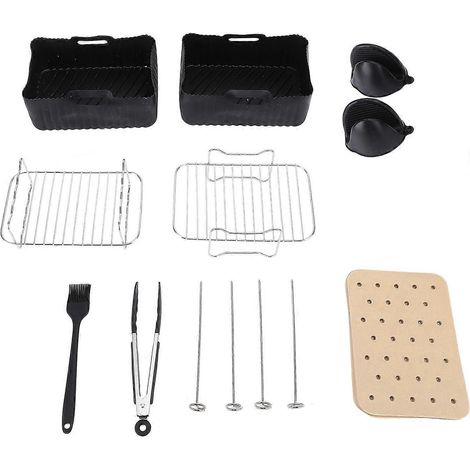 Ensemble de 12 accessoires pour friteuse : grille de rôtissage, panier en silicone, brosse, pince, brochettes et doublures en papier.