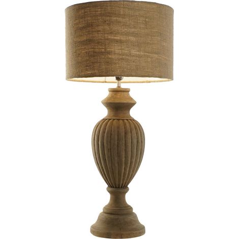 Lampe de table bois sculpté et jute ambiance naturelle - Bois naturel et jute beige (1/5)