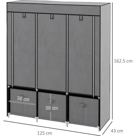 Armoire pliable tissu non tissé gris anthracite, fermeture zip, rangement 4 étagères, dimensions 125x43x162,5 cm, dressing léger démontable. (1/5)