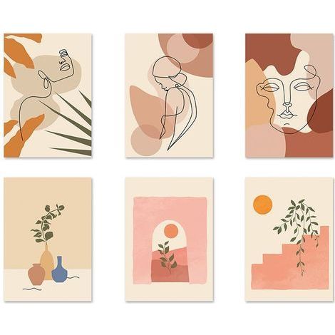 TAISHENGDA-6 Pièces Impressions d'Art Mural Ligne Minimaliste Affiches d'Art Esthétique Moderne Abstrait Boho Art Mural de Dessin Géométrique de Paysage Visage de Femme sans Cadre, 20x25 CM (1/5)