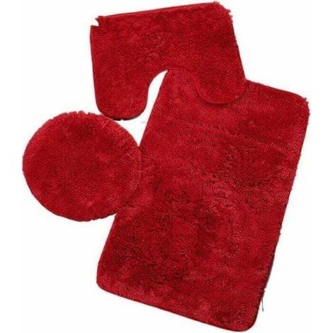 Tapis de Salle de Bains Couleur Pure 3Pcs Bath Mat Antidérapant et Absorbant Doux Tapis & Couvercle Toilette Couvercle Set Lavable, Rouge.. (1/4)