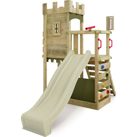 FATMOOSE Tour de jeux Château des chevaliers BoldBaron avec toboggan und Bac à sable, Bac à sable intégré – vert sauge