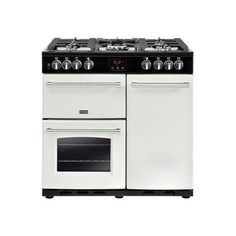 Piano de cuisson gaz 90 cm – 5 foyers dont foyer wok 4000W – 3 fours avec chaleur tournante – Nettoyage facile émail Pristine – Blanc – Stoves