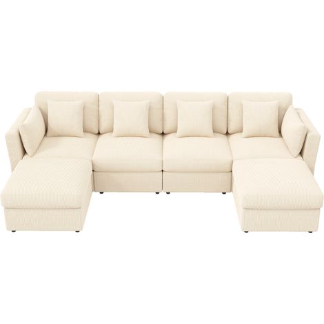 Sofá esquinero modular en U de chenilla beige HOMVRA, 6 plazas, con reposabrazos ajustables y puf (1/5)