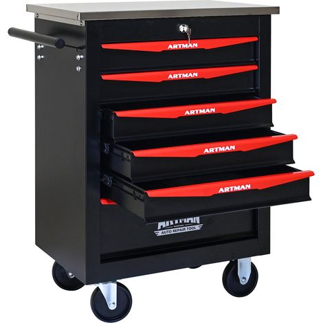 Carrello portautensili in metallo con 6 cassetti, ruote e chiusura, nero e rosso (1/5)